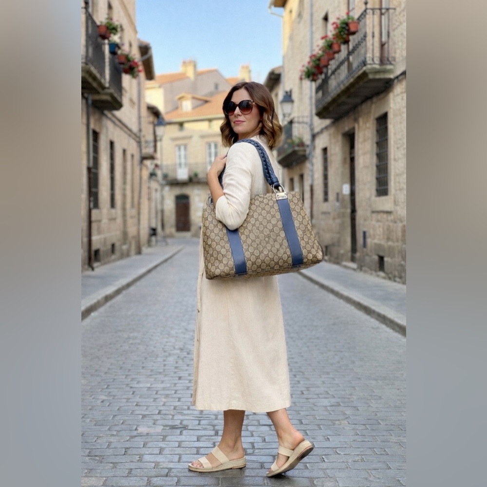 Gucci Guccissima Canvas & Sapphire Blue Leather Bamboo Large Shoulder Bag Tote - Picture 17 of 17